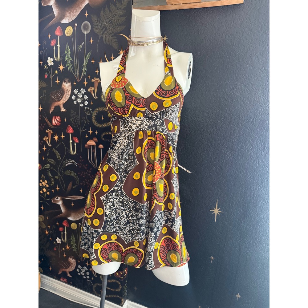 Muzzangbee Brown Psychedelic Floral Geometric Halter Mini Dress USA Made